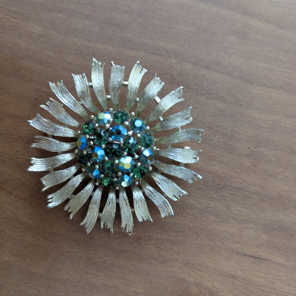 Elegant Lisner Gold and Green/Blue Floral Brooch